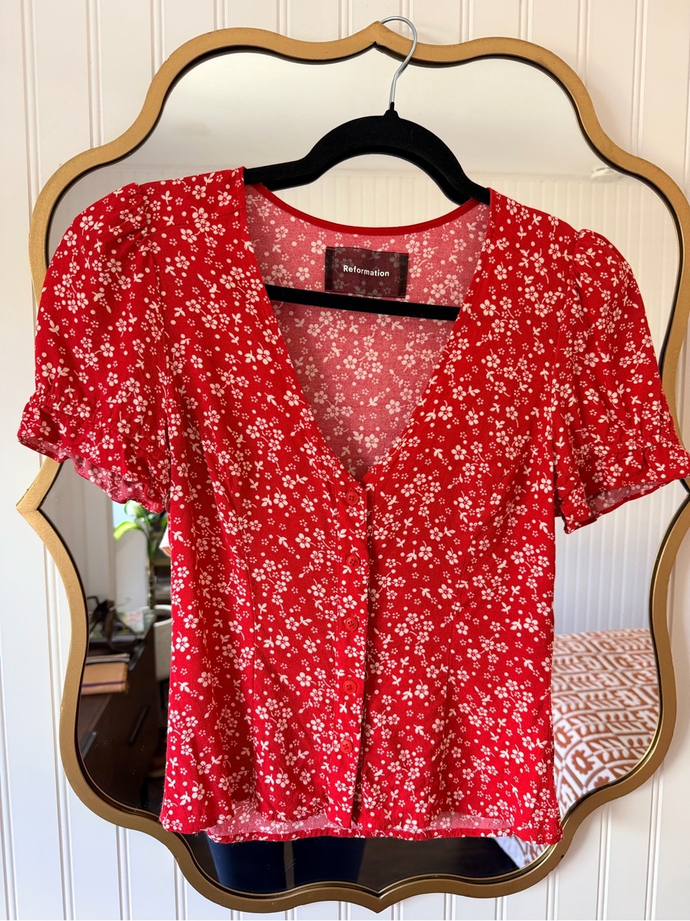 Reformation Red Floral Button-Front V-Neck Blouse